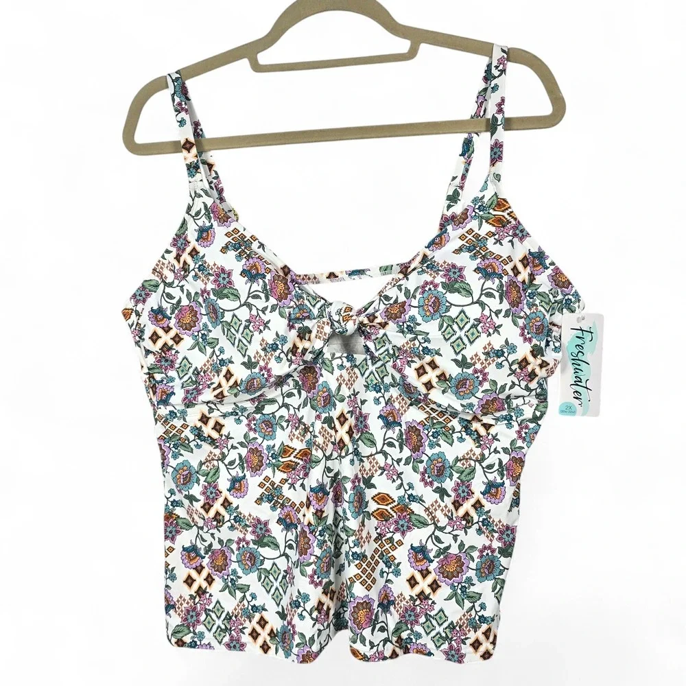 Freshwater Floral Tie Front Tankini Swim Top Plus Size 2X White Multi NEW